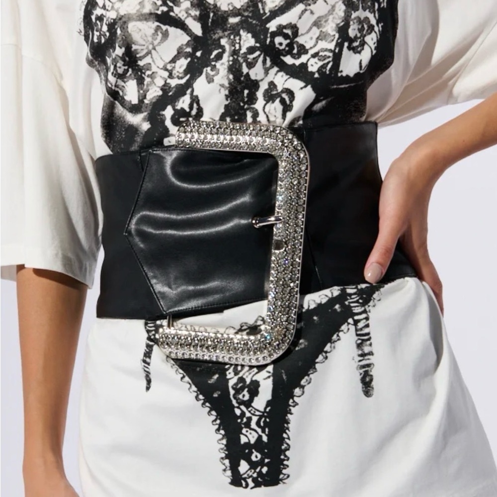 Akira Wide Black Leather Corset Belt Crystal Buckle oversized is better bling